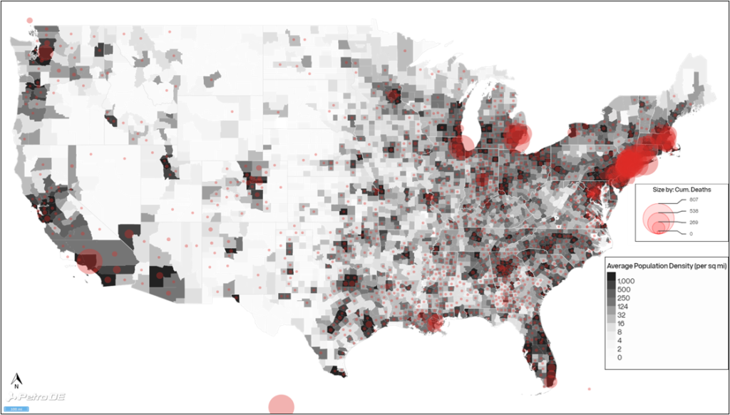 US population density per county in gray with red circles showing the number of deaths per countyand