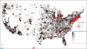 US population density per county in gray with red circles showing the number of deaths per county