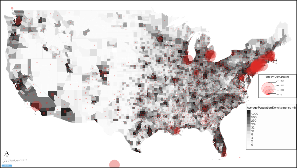 US population density per county in gray with red circles showing the number of deaths per county