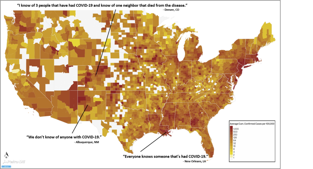 US Confirmed COVID-19 cases per 100,000 people, mapped by county