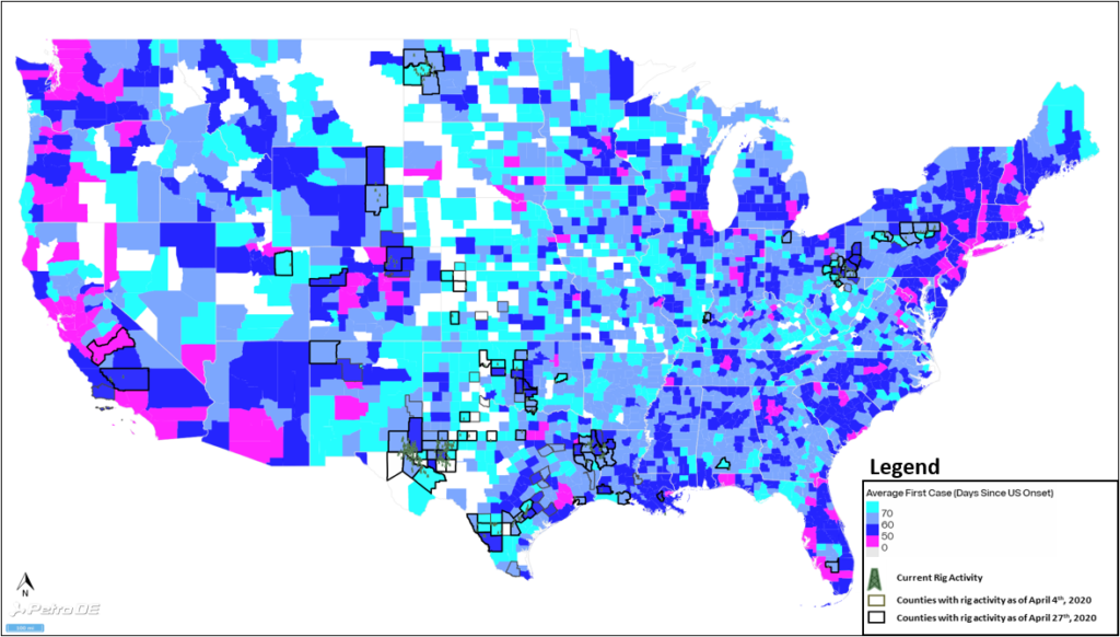 US map showing counties with drilling rig activity and counties colored by first case date